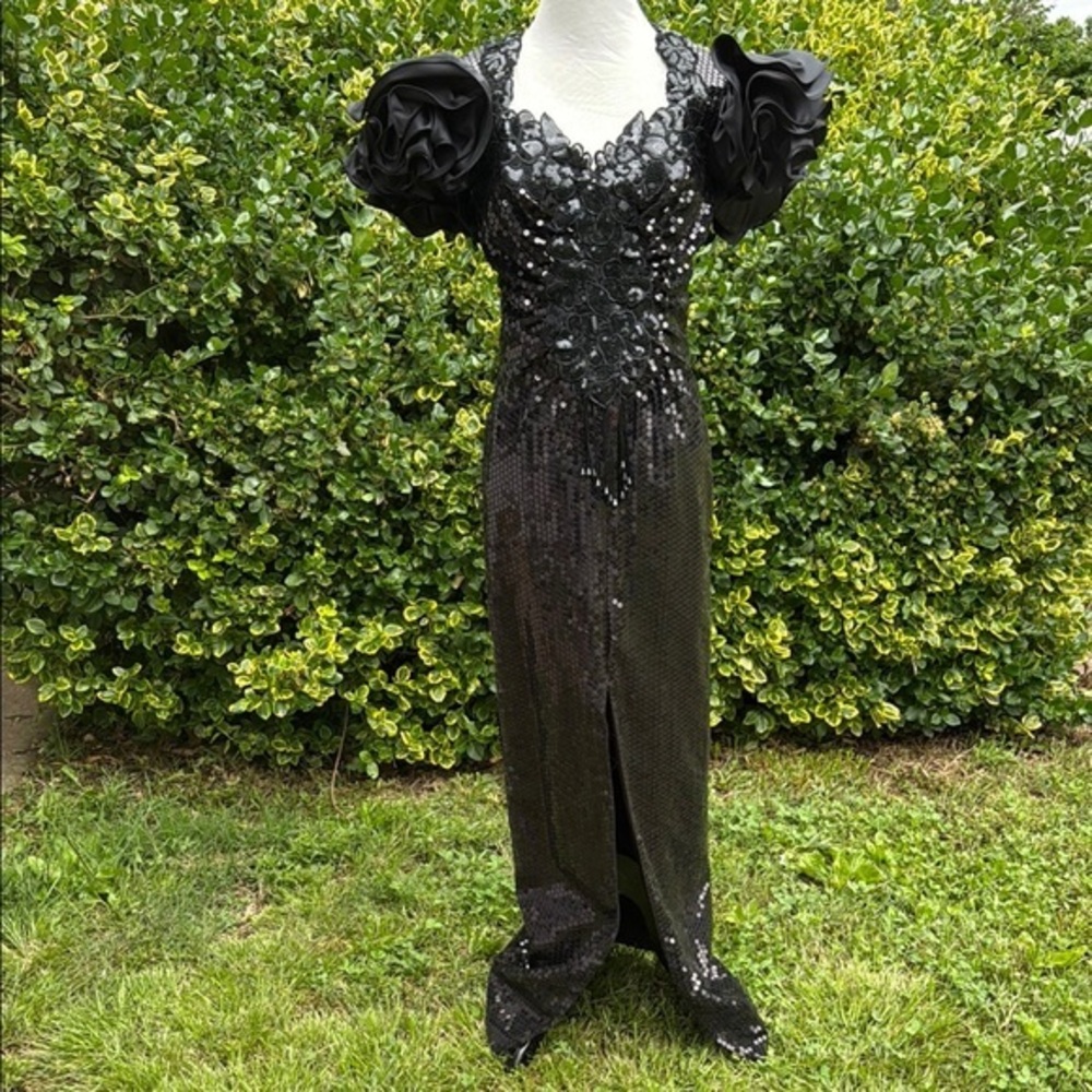 Alyce Designs Vintage Black Sequined Evening Gown S